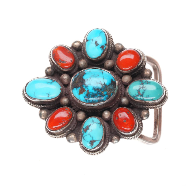 small Vintage sterling silver, turquoise/Mediterranean red coral belt buckle