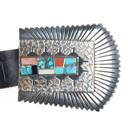 Alvin/Lula Begay Navajo sterling silver channel inlay ranger belt buckle set