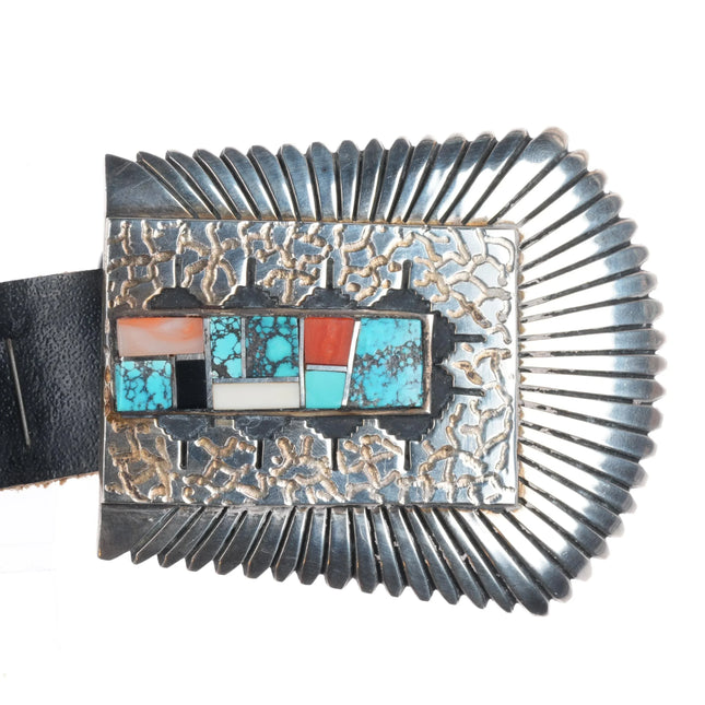 Alvin/Lula Begay Navajo sterling silver channel inlay ranger belt buckle set