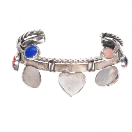 6.8" Southwestern sterling silver heart turquoise/coral/lapis cuff bracelet