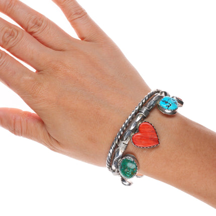 6.8" Southwestern sterling silver heart turquoise/coral/lapis cuff bracelet