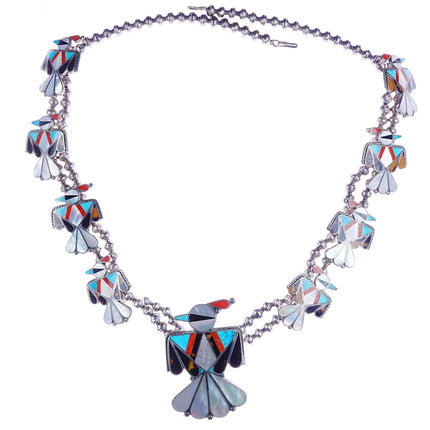 Vintage Zuni Sterling silver thunderbird channel inlay squash blossom necklace
