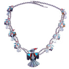 Vintage Zuni Sterling silver thunderbird channel inlay squash blossom necklace