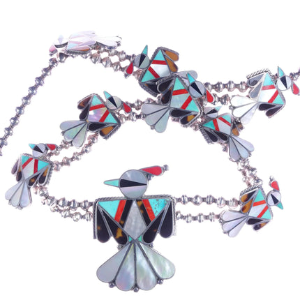 Vintage Zuni Sterling silver thunderbird channel inlay squash blossom necklace