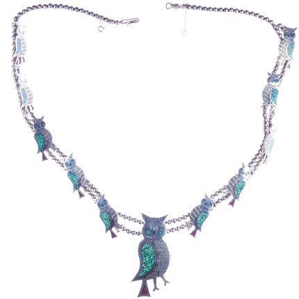 Vintage Navajo sterling silver chip inlay turquoise owls squash blossom necklace