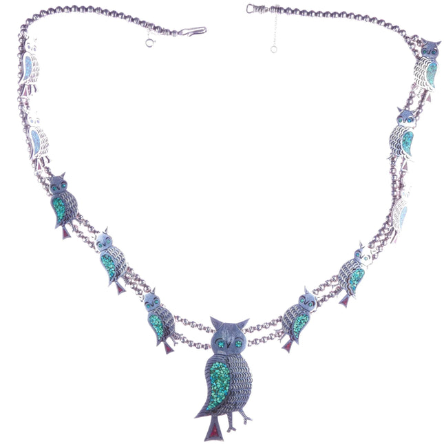 Vintage Navajo sterling silver chip inlay turquoise owls squash blossom necklace
