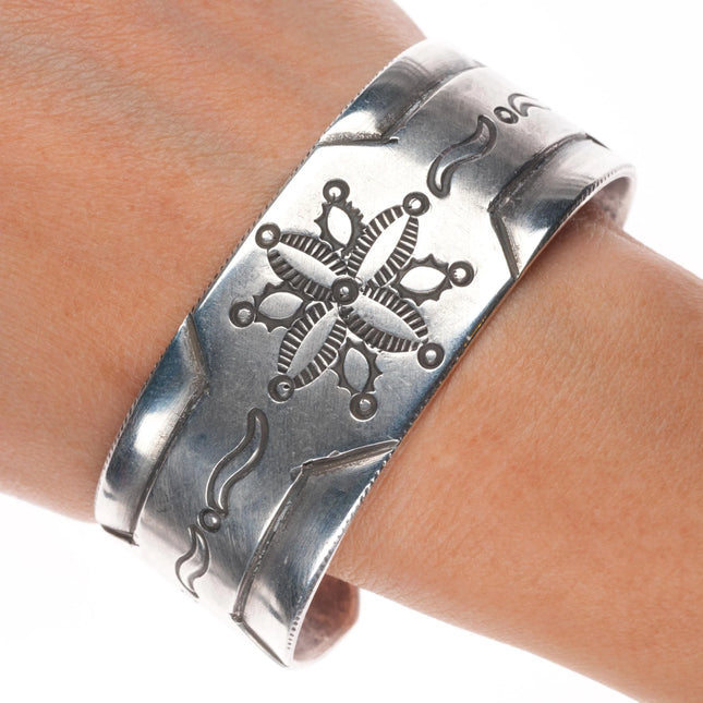 7" Vintage Ingot silver Navajo Revival hand stamped heavy cuff bracelet sterling