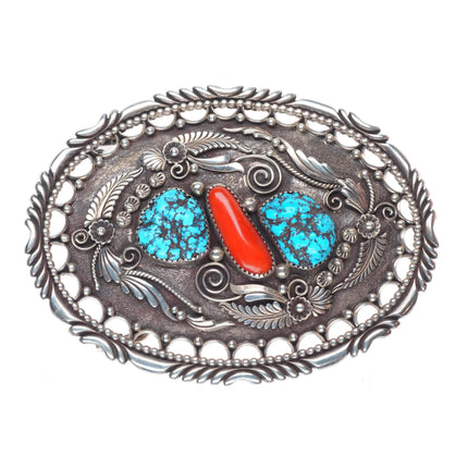 Oliver Smith Navajo sterling silver, turquoise, coral pierced edge belt buckle