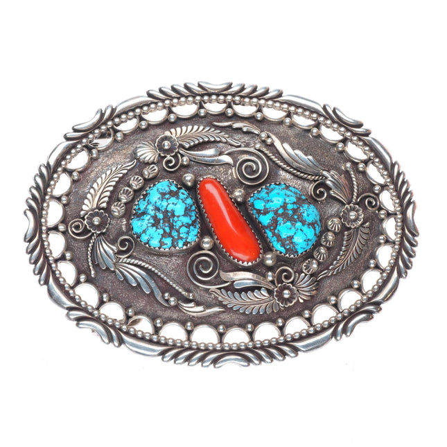 Oliver Smith Navajo sterling silver, turquoise, coral pierced edge belt buckle