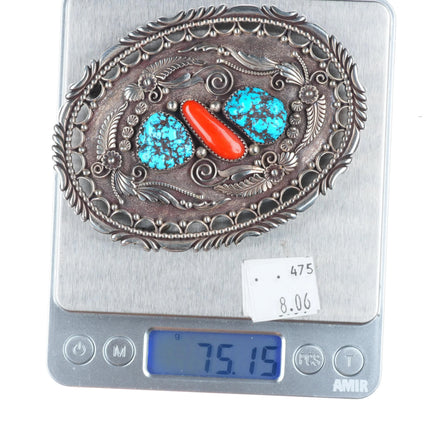 Oliver Smith Navajo sterling silver, turquoise, coral pierced edge belt buckle