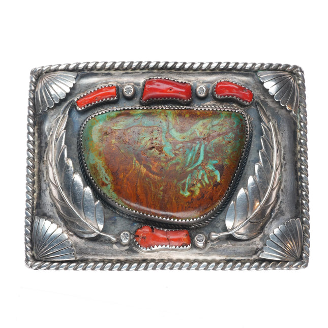 Heavy vintage Navajo sterling silver high grade turquoise coral belt buckle