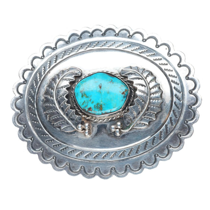 Vintage Navajo sterling silver nicely hand stamped belt buckle w/turquoise