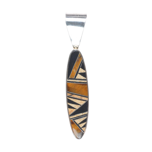 Navajo sterling silver tiger's eye, petrified wood, black jade inlay pendant