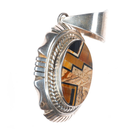 FF Navajo sterling silver Petrified wood/Fossil/Tiger's eye inlaid pendant
