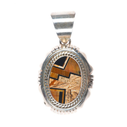 FF Navajo sterling silver Petrified wood/Fossil/Tiger's eye inlaid pendant