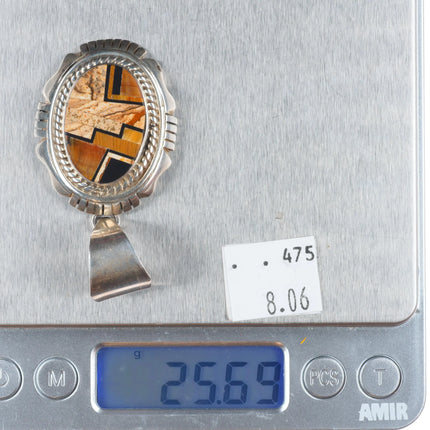 FF Navajo sterling silver Petrified wood/Fossil/Tiger's eye inlaid pendant