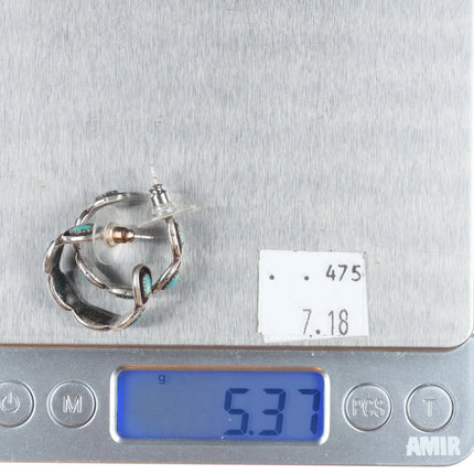 Vintage Zuni sterling silver huggie hoop snake eye turquoise earrings