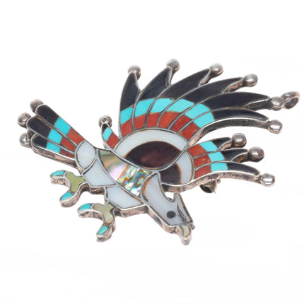Charlene Dishta Zuni sterling silver turquoise/coral inlay eagle pendant/pin