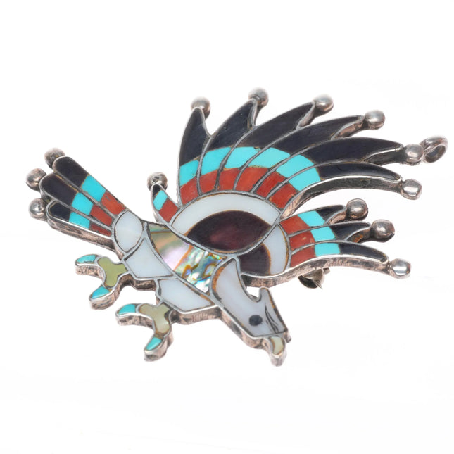 Charlene Dishta Zuni sterling silver turquoise/coral inlay eagle pendant/pin
