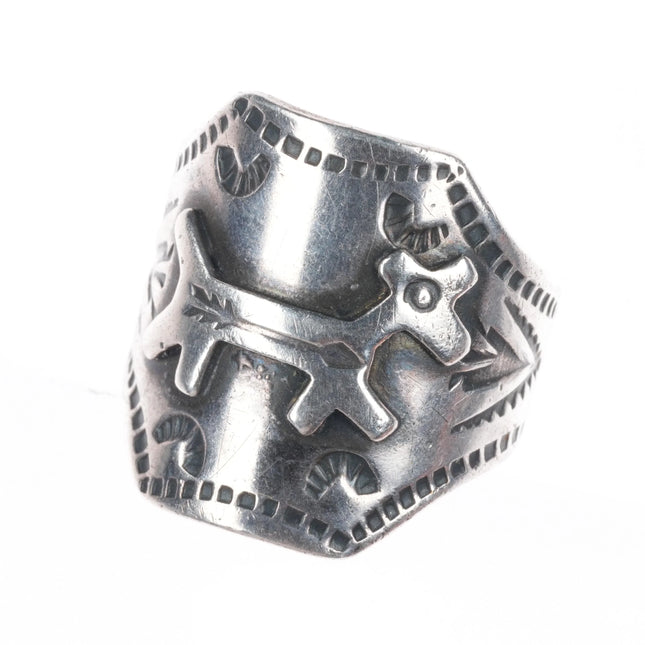sz10 c1940's Navajo hand stamped Fred Harvey Dog ring sterling silver size 10