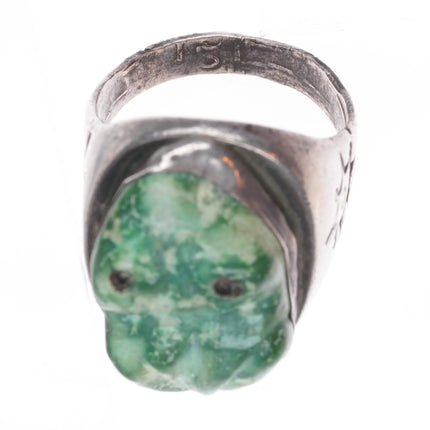 sz12 40's-50's Zuni carved turquoise frog fetish ring sterling silver size 12