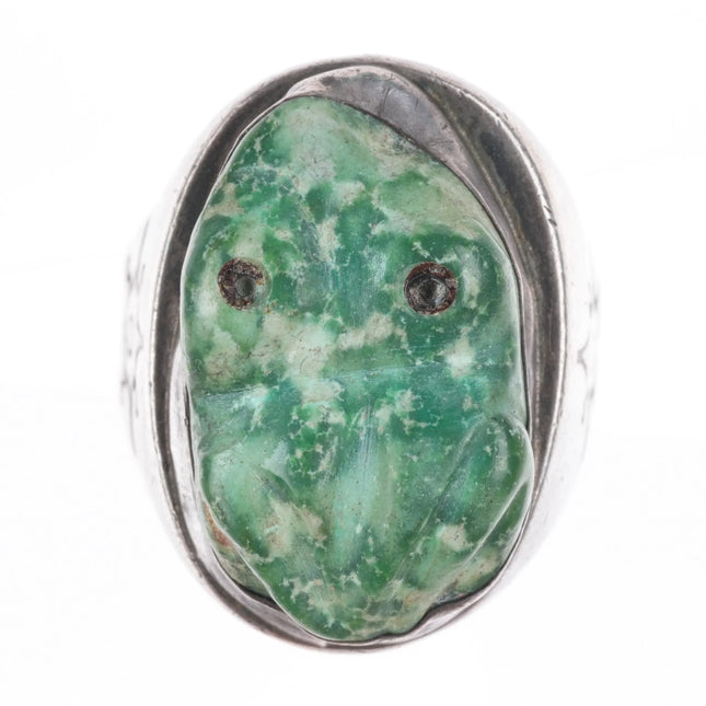 sz12 40's-50's Zuni carved turquoise frog fetish ring sterling silver size 12