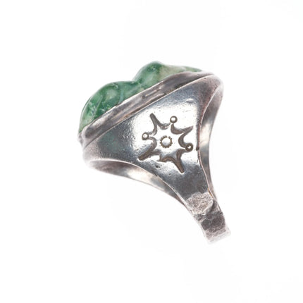 sz12 40's-50's Zuni carved turquoise frog fetish ring sterling silver size 12