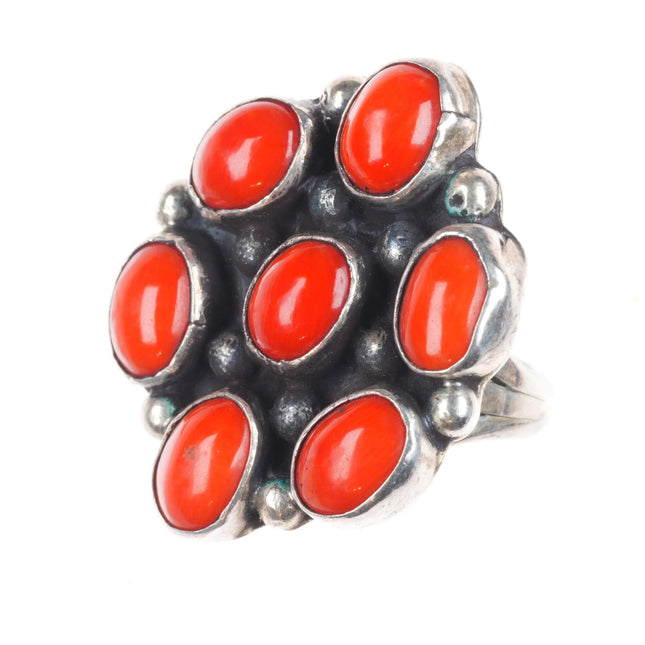 sz7 Vintage Navajo sterling silver red  Mediterranean coral cluster ring