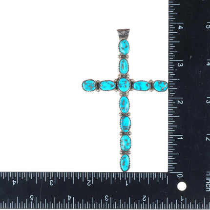 Large BM Navajo sterling silver Kingman turquoise row cross pendant