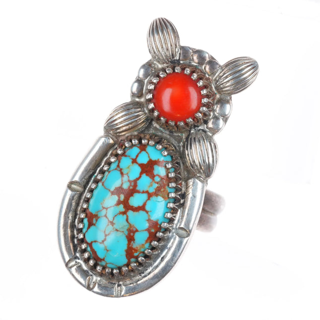 sz8 FWH Vintage southwestern sterling silver #8 turquoise, coral figural ring