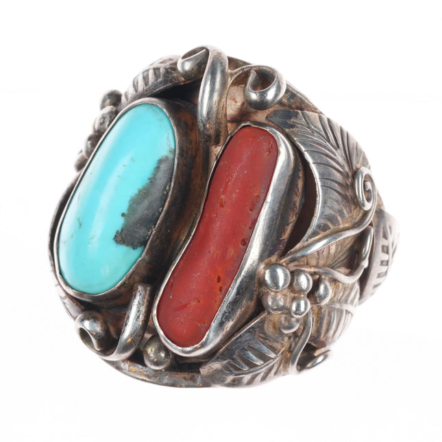 sz11.5 Large Vintage Jerry Roan Navajo sterling silver, turquoise/coral ring