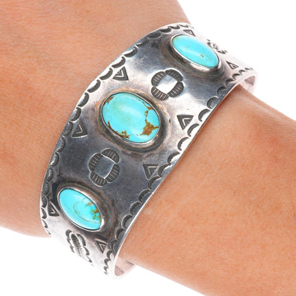 6.6" 30's-40's Navajo sterling silver turquoise cuff bracelet nice stampwork