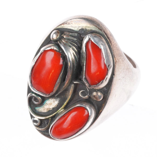 sz10.5 Navajo sterling silver Vintage ring Mediterranean coral Size 10.5
