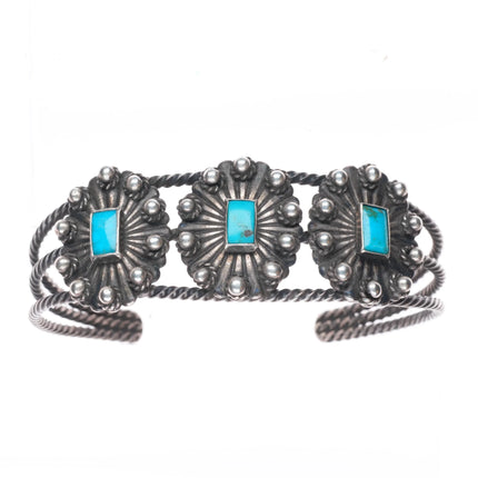 6.35" 40's-50's Navajo sterling silver twisted wire 3 stone cuff bracelet