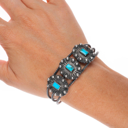 6.35" 40's-50's Navajo sterling silver twisted wire 3 stone cuff bracelet
