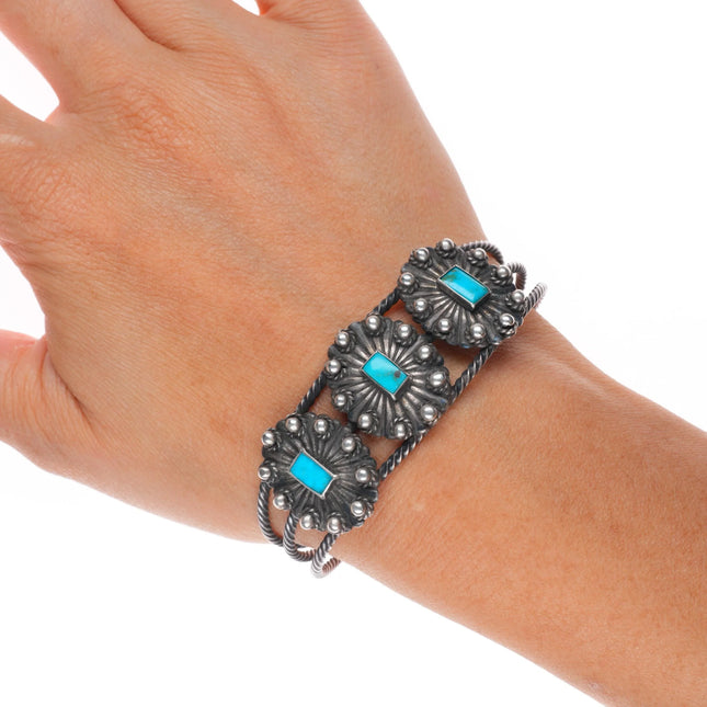 6.35" 40's-50's Navajo sterling silver twisted wire 3 stone cuff bracelet