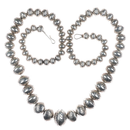 34" Huge Navajo Pearl hand stamped sterling silver graduated beaded necklace