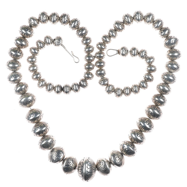 34" Huge Navajo Pearl hand stamped sterling silver graduated beaded necklace