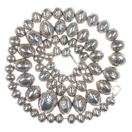 34" Huge Navajo Pearl hand stamped sterling silver graduated beaded necklace