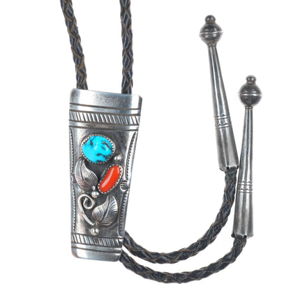 Lorenzo Tortalita - Santo Domingo sterling silver turquoise/coral bolo tie