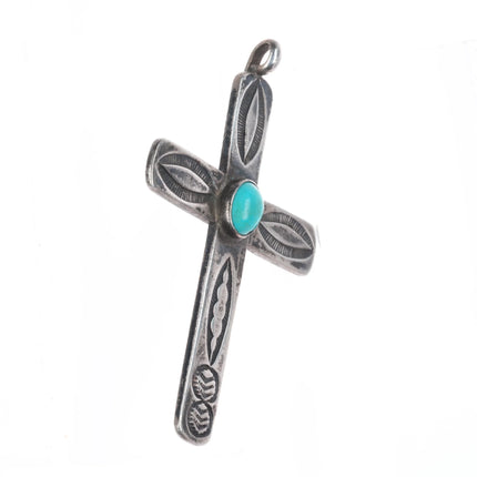 40's-50's Navajo sterling silver stamped cross pendant w/turquoise