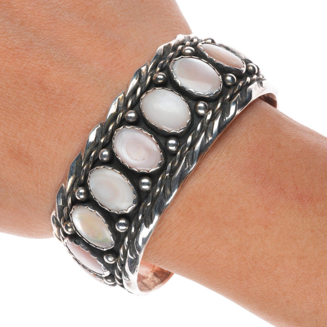 6.25" FMA Vintage Navajo sterling silver pink mother of pearl  row cuff bracelet