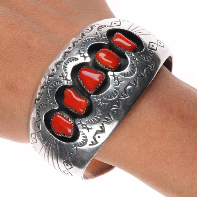 6.5" P Benally Navajo Vintage sterling silver shadowbox coral row cuff bracelet