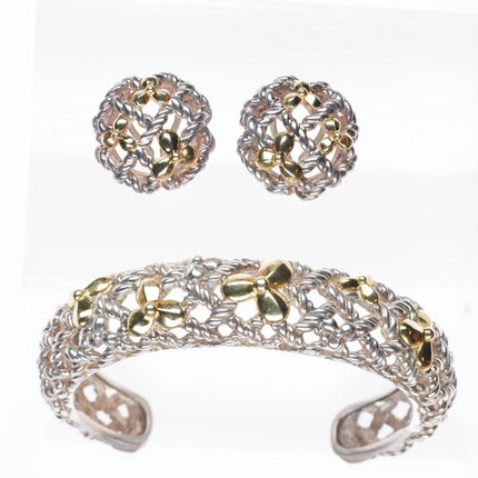 6.5" Retro Bill Blass sterling silver/18k gold cuff bracelet/earrings set