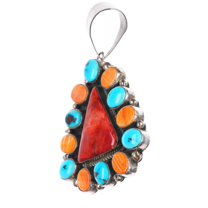 Patrick Yazzie Navajo sterling silver turquoise, spiny oyster cluster pendant