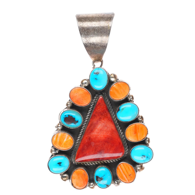 Patrick Yazzie Navajo sterling silver turquoise, spiny oyster cluster pendant