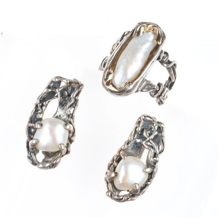 sz9 Sterling silver/14k gold Retro Brutalist baroque pearl ring/earrings set
