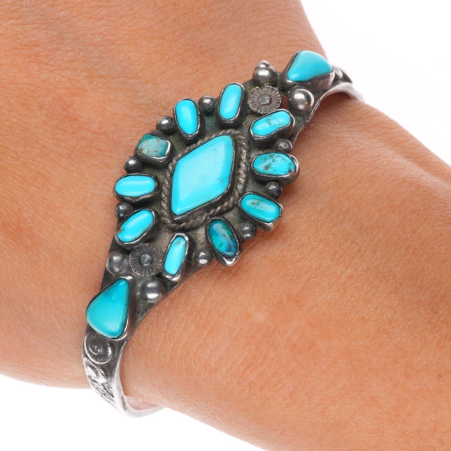 6.3" c1930's Navajo  sterling silver cluster cuff bracelet w/intricate stampings