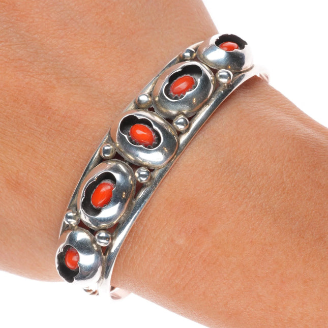 6.35" Vintage Navajo sterling silver shadowbox red coral cuff bracelet