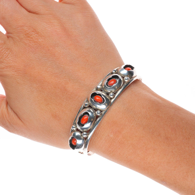 6.35" Vintage Navajo sterling silver shadowbox red coral cuff bracelet